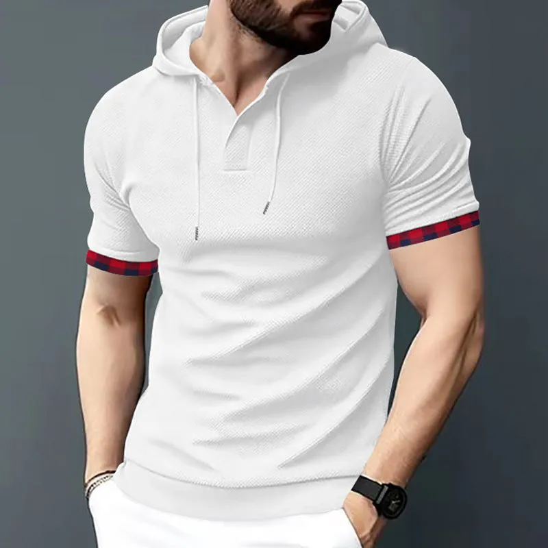 Men's short sleeve hooded top in solid colour, polyester blend, available in plus sizes