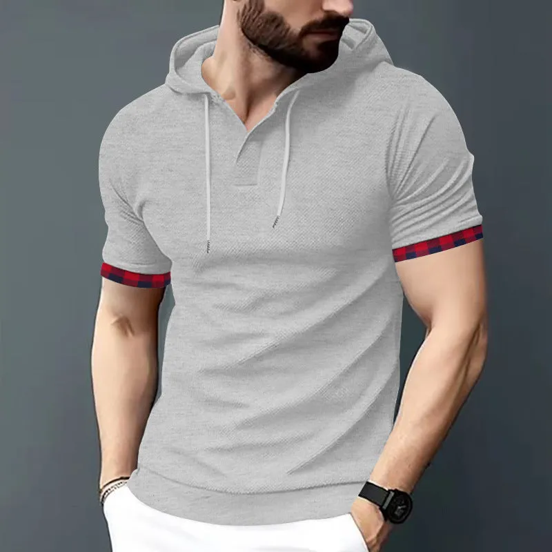 Men's short sleeve hooded top in solid colour, polyester blend, available in plus sizes