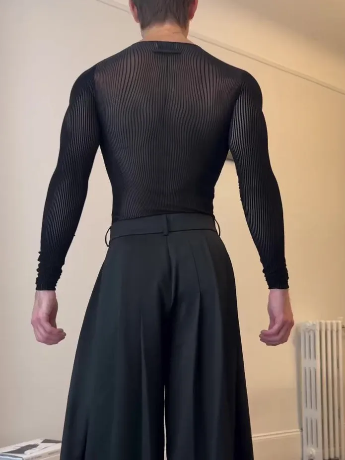 Black mesh long-sleeve top with sheer striped design on a model, regular fit, polyester fabric