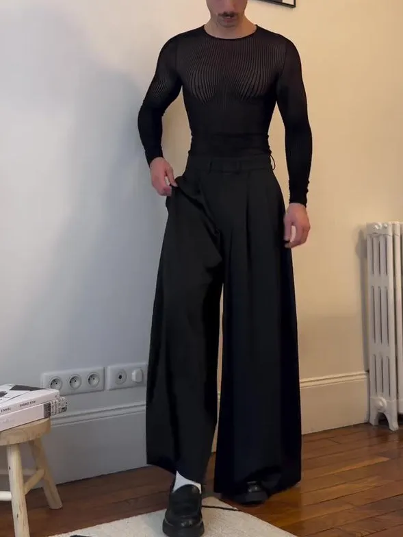 Black mesh long-sleeve top with sheer striped design on a model, regular fit, polyester fabric