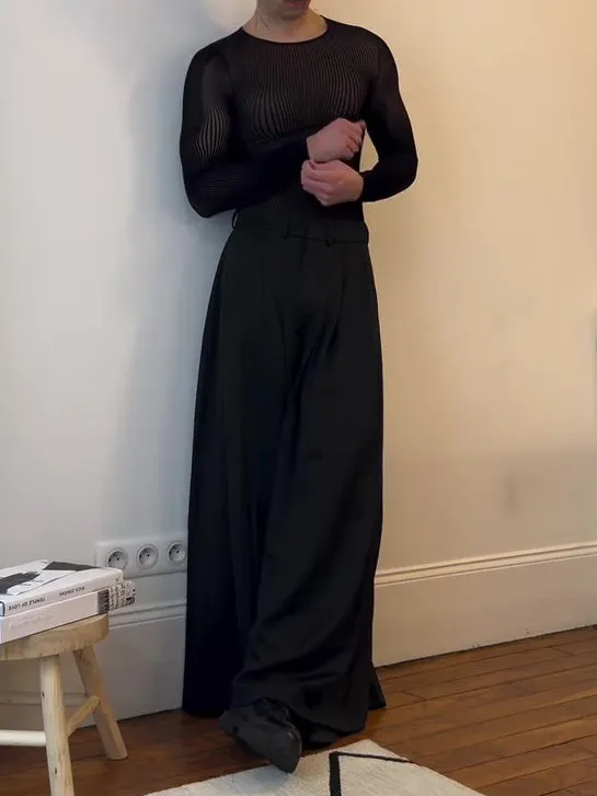 Black mesh long-sleeve top with sheer striped design on a model, regular fit, polyester fabric