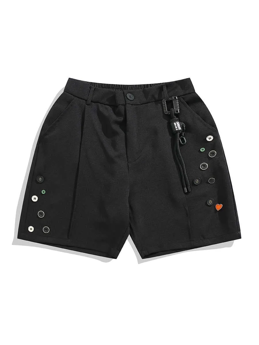 Black men's semi-elastic waist shorts with button fastening and loose straight-leg fit