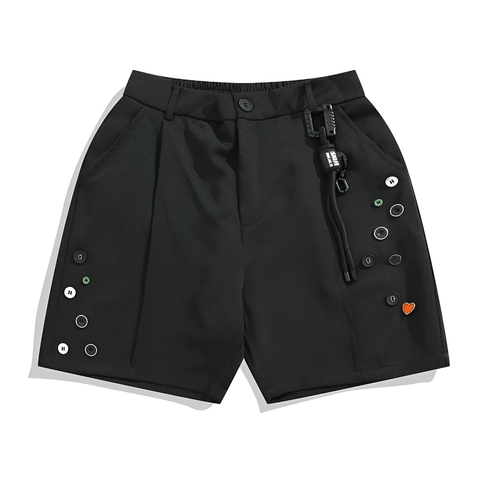 Black men's semi-elastic waist shorts with button fastening and loose straight-leg fit