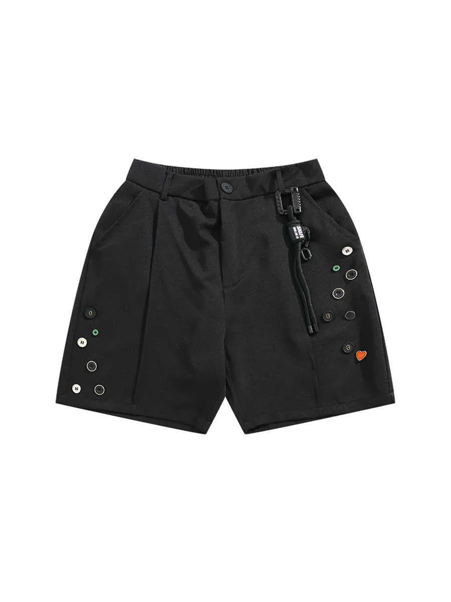 Black men's semi-elastic waist shorts with button fastening and loose straight-leg fit