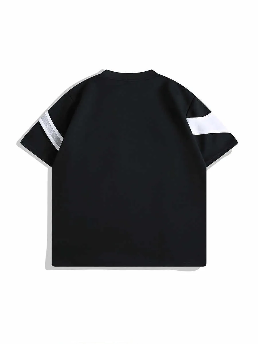 Man's loose fit black t-shirt with padded shoulder strap detail and round neck.