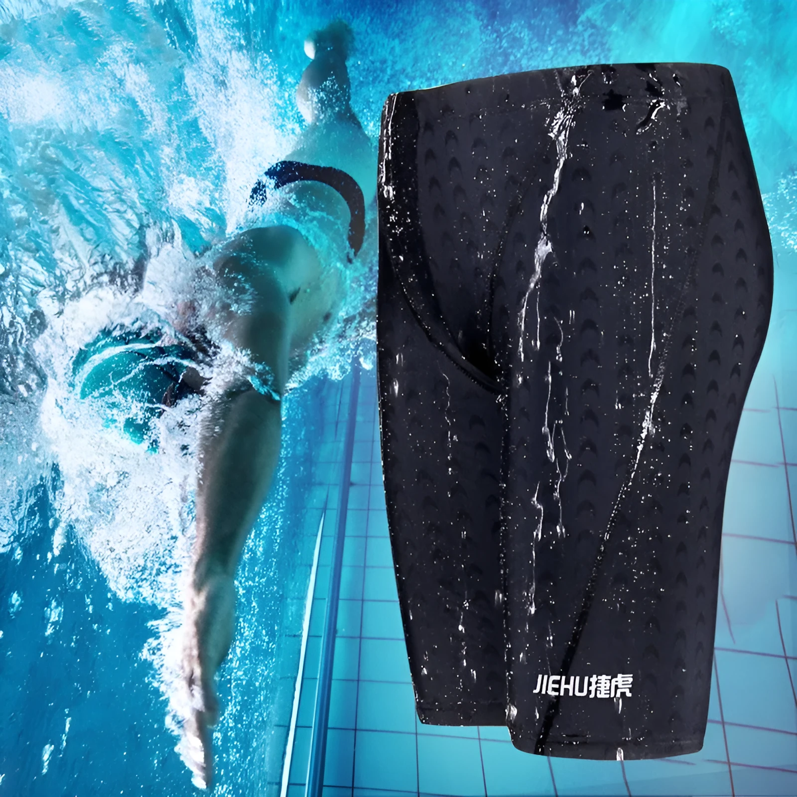 Men's five-point anti-embarrassment swimming trunks in solid black quick-dry nylon