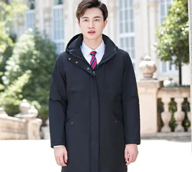 Men's and women's black thickened cotton-padded parka with cinched style and pockets, polyester fibre fabric