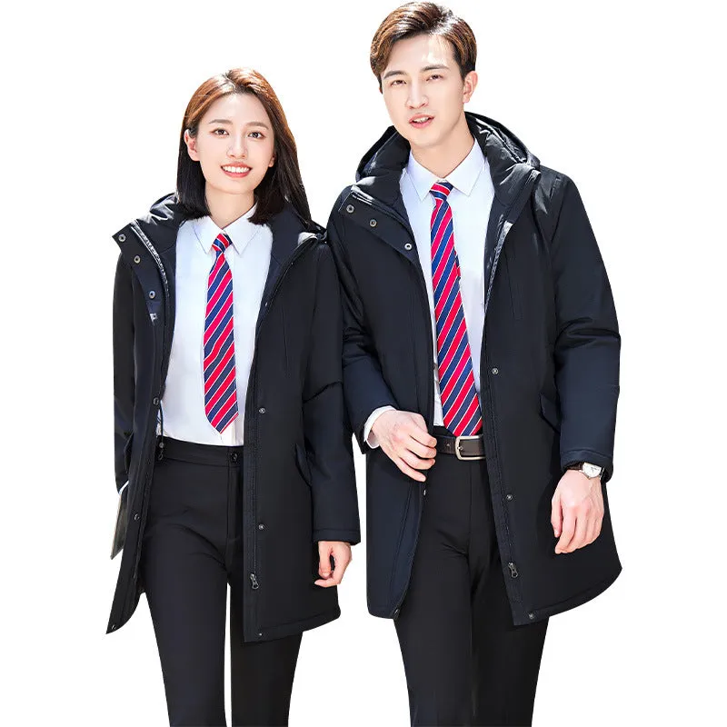 Men's and women's black thickened cotton-padded parka with cinched style and pockets, polyester fibre fabric