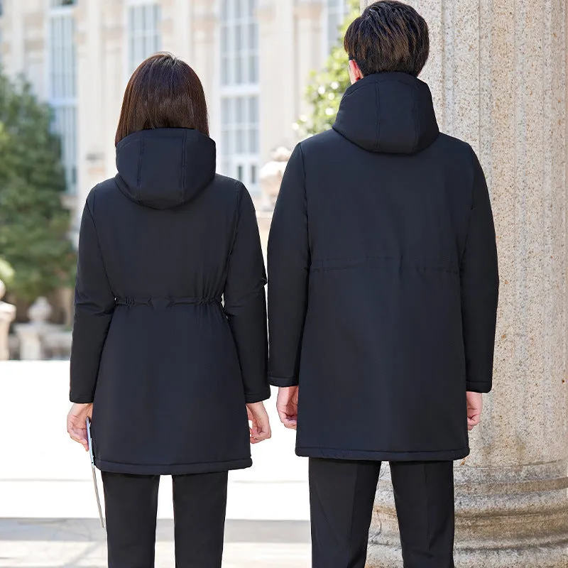 Men's and women's black thickened cotton-padded parka with cinched style and pockets, polyester fibre fabric