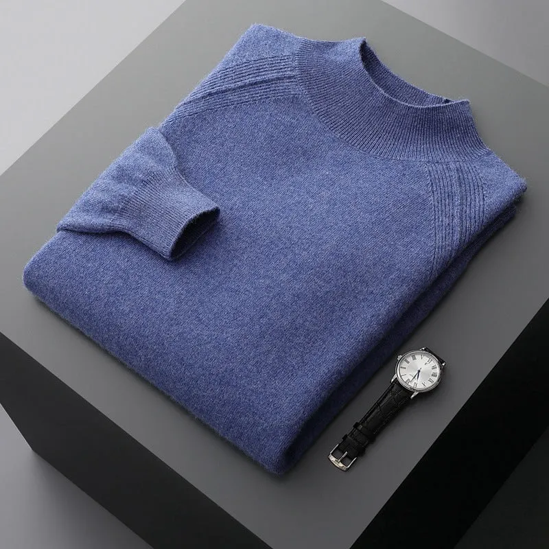 Men's half turtleneck cashmere knitted raglan sleeve sweater in dark camel colour, loose fit pullover style