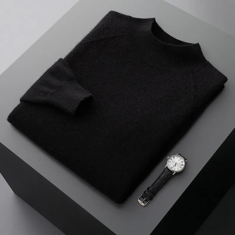 Men's half turtleneck cashmere knitted raglan sleeve sweater in dark camel colour, loose fit pullover style