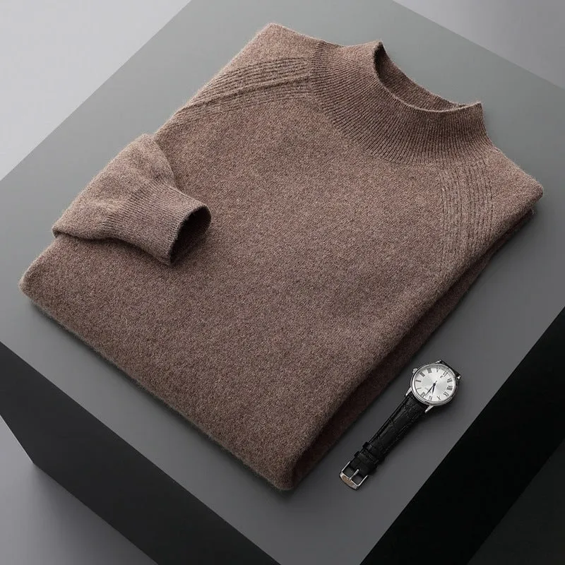 Men's half turtleneck cashmere knitted raglan sleeve sweater in dark camel colour, loose fit pullover style