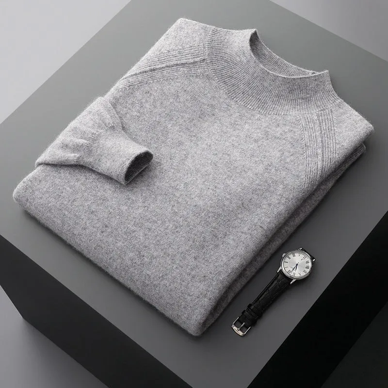 Men's half turtleneck cashmere knitted raglan sleeve sweater in dark camel colour, loose fit pullover style