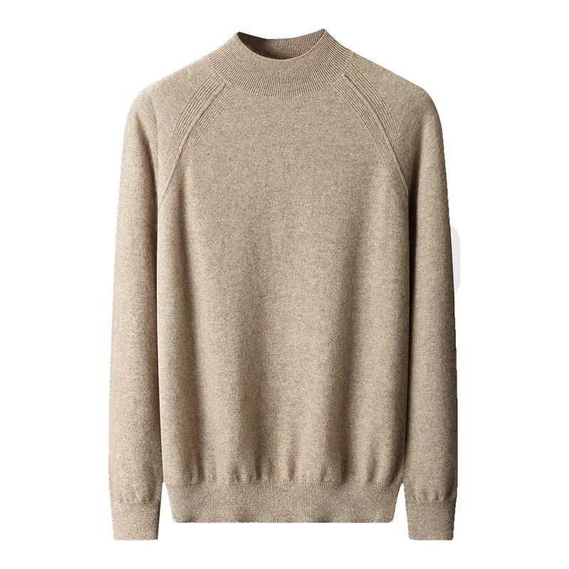 Men's half turtleneck cashmere knitted raglan sleeve sweater in dark camel colour, loose fit pullover style