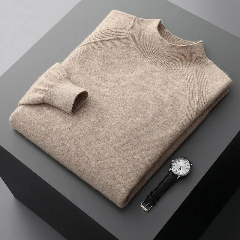 Men's half turtleneck cashmere knitted raglan sleeve sweater in dark camel colour, loose fit pullover style