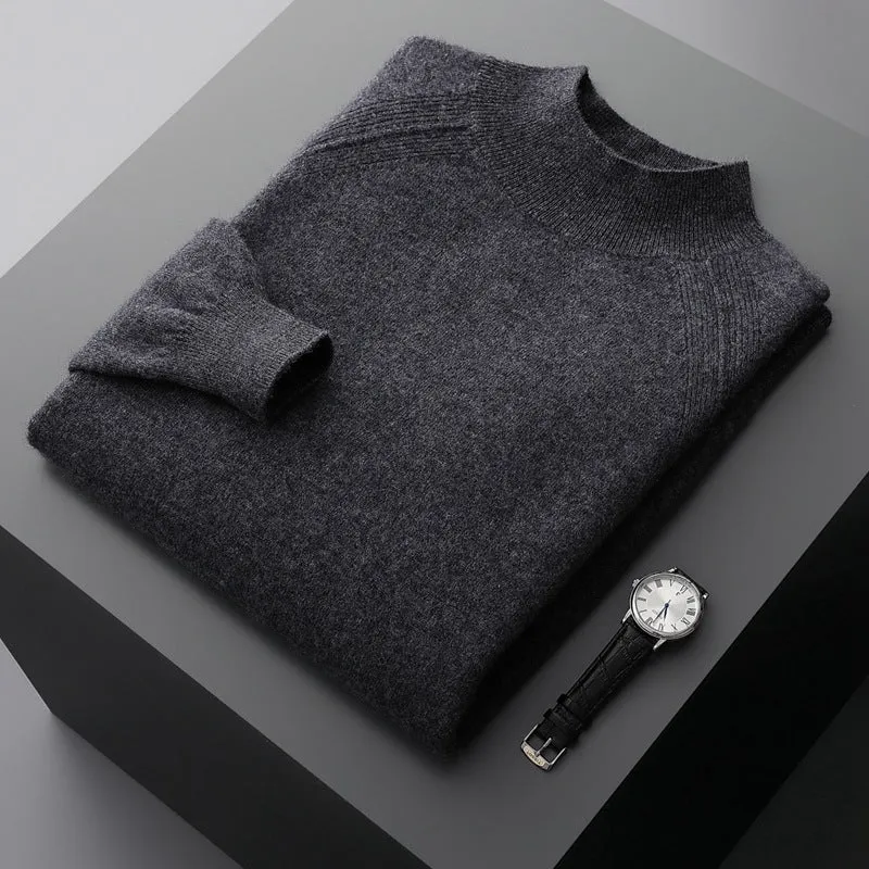 Men's half turtleneck cashmere knitted raglan sleeve sweater in dark camel colour, loose fit pullover style
