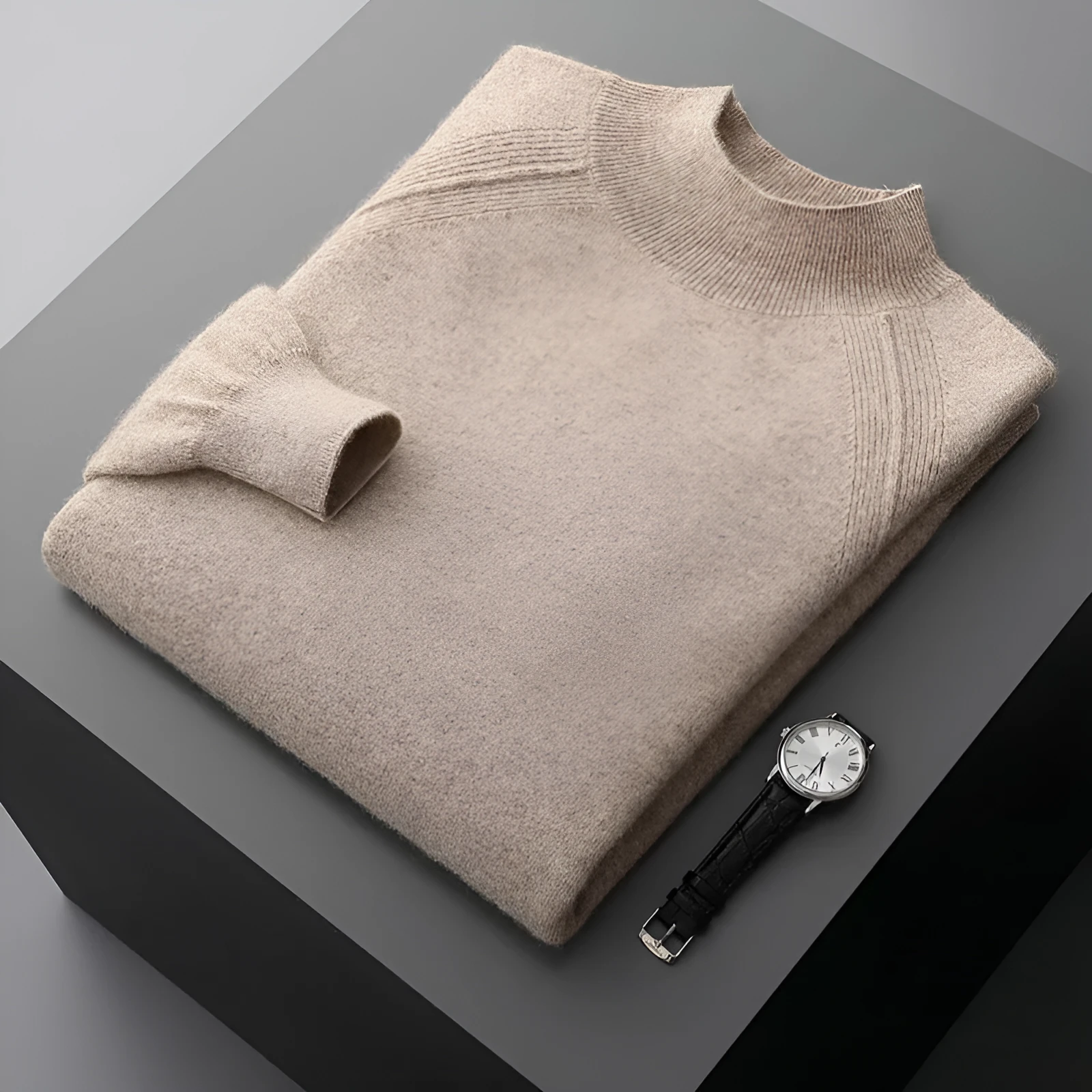 Men's half turtleneck cashmere knitted raglan sleeve sweater in dark camel colour, loose fit pullover style
