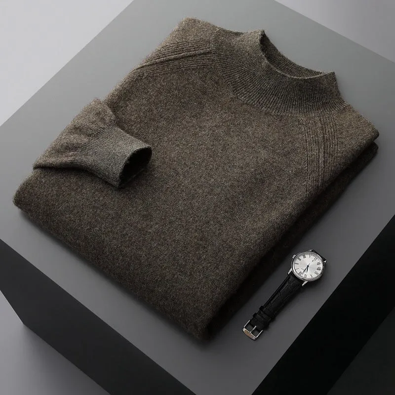 Men's half turtleneck cashmere knitted raglan sleeve sweater in dark camel colour, loose fit pullover style