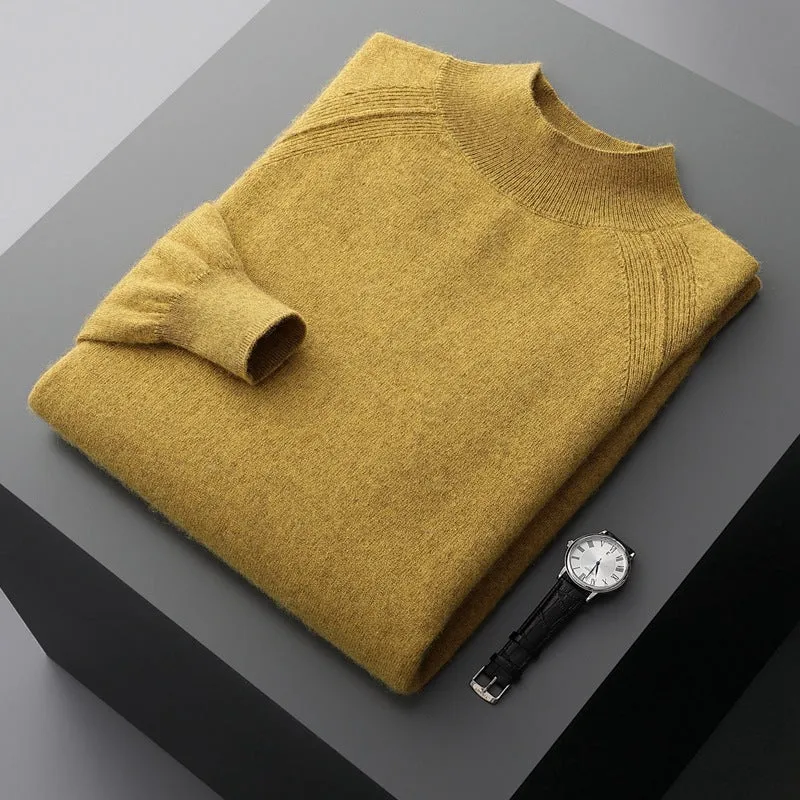 Men's half turtleneck cashmere knitted raglan sleeve sweater in dark camel colour, loose fit pullover style