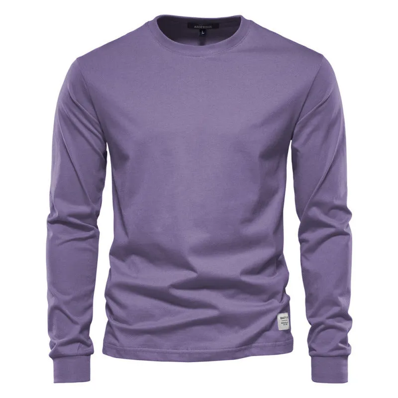 Men's solid colour long-sleeved cotton pullover top in khaki, loose fit, high street casual style