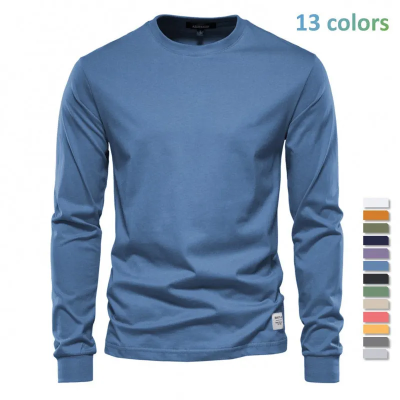 Men's solid colour long-sleeved cotton pullover top in khaki, loose fit, high street casual style