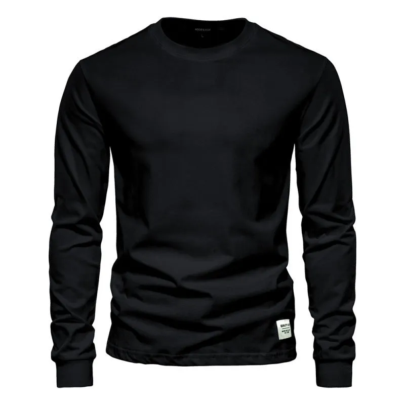 Men's solid colour long-sleeved cotton pullover top in khaki, loose fit, high street casual style