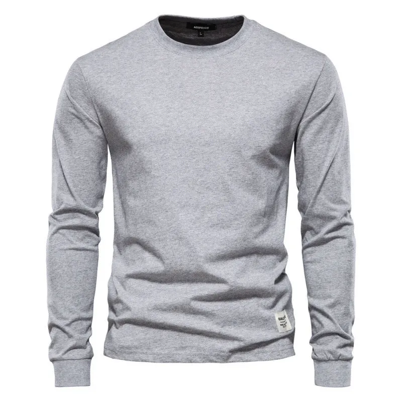 Men's solid colour long-sleeved cotton pullover top in khaki, loose fit, high street casual style