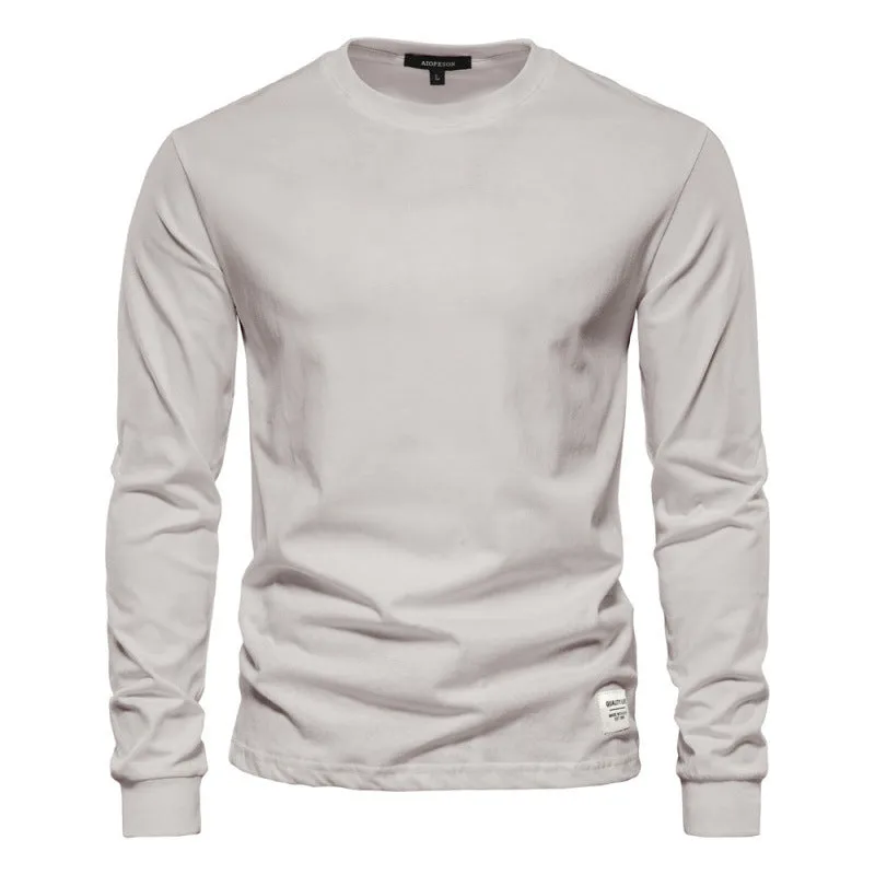 Men's solid colour long-sleeved cotton pullover top in khaki, loose fit, high street casual style