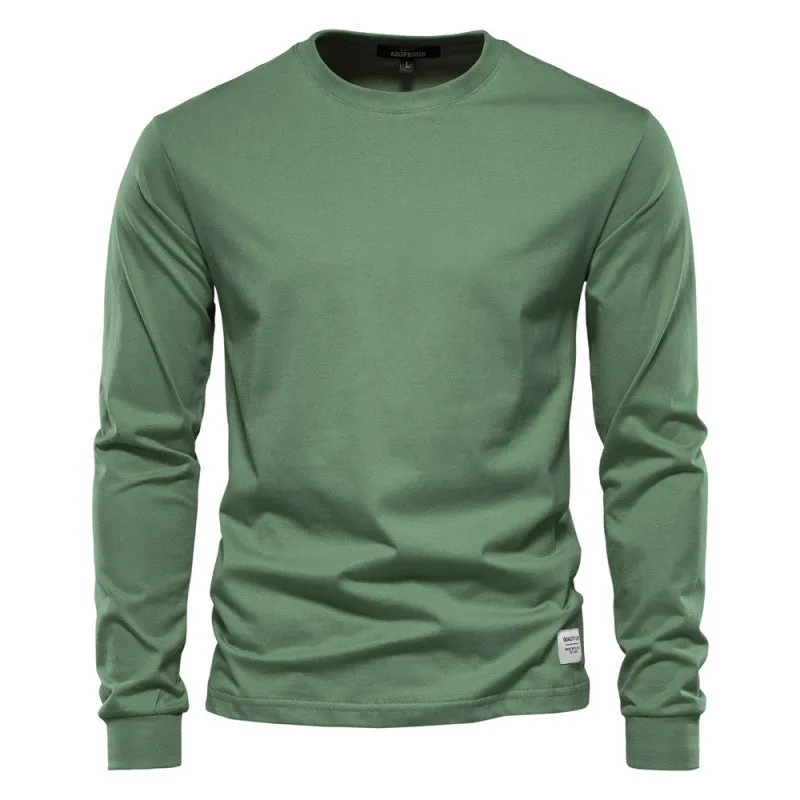Men's solid colour long-sleeved cotton pullover top in khaki, loose fit, high street casual style