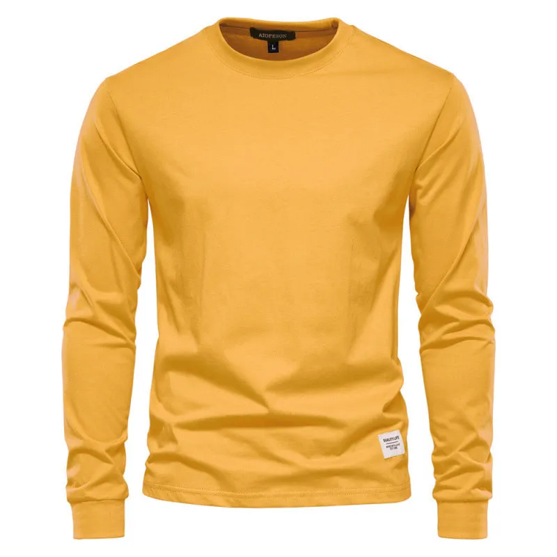 Men's solid colour long-sleeved cotton pullover top in khaki, loose fit, high street casual style