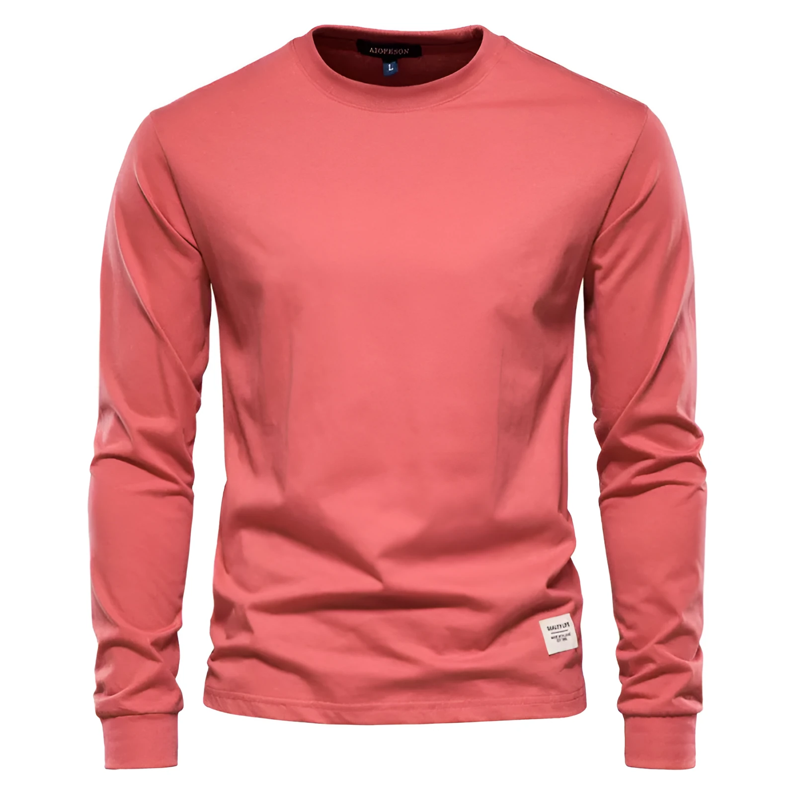 Men's solid colour long-sleeved cotton pullover top in khaki, loose fit, high street casual style