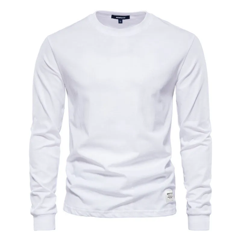 Men's solid colour long-sleeved cotton pullover top in khaki, loose fit, high street casual style