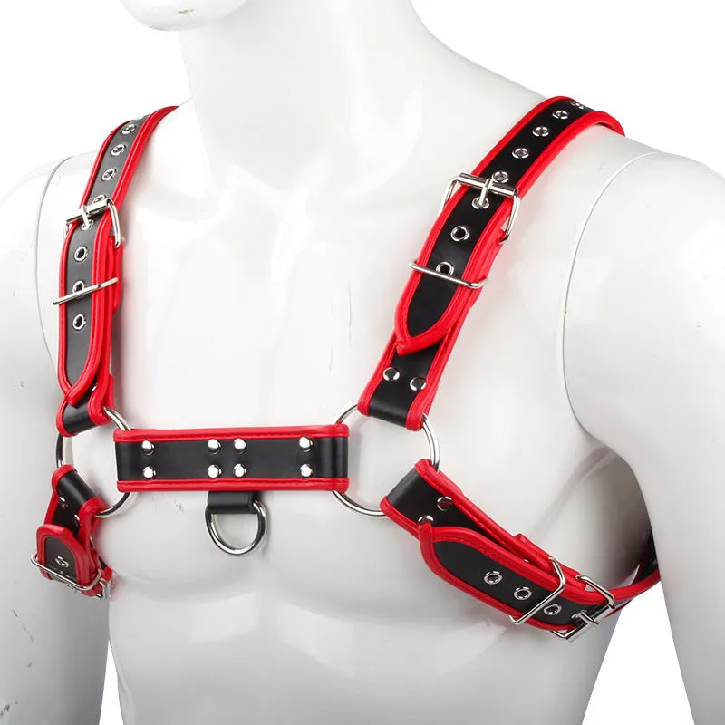 Strap corset toy in black with edge-wrapped PU binding for bondage play.