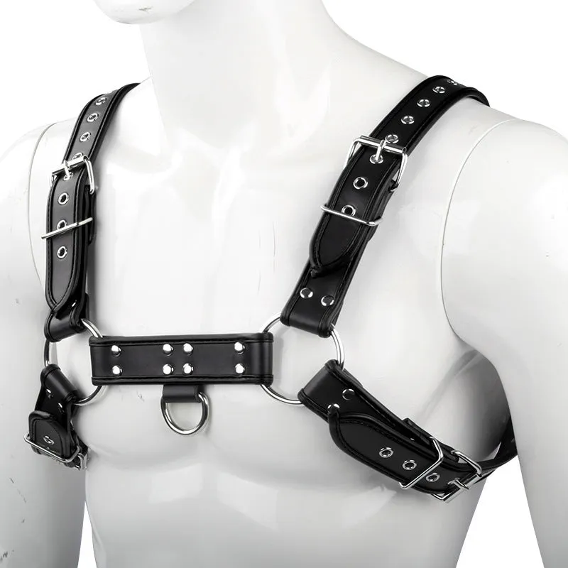 Strap corset toy in black with edge-wrapped PU binding for bondage play.