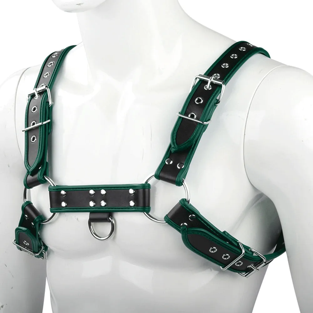 Strap corset toy in black with edge-wrapped PU binding for bondage play.