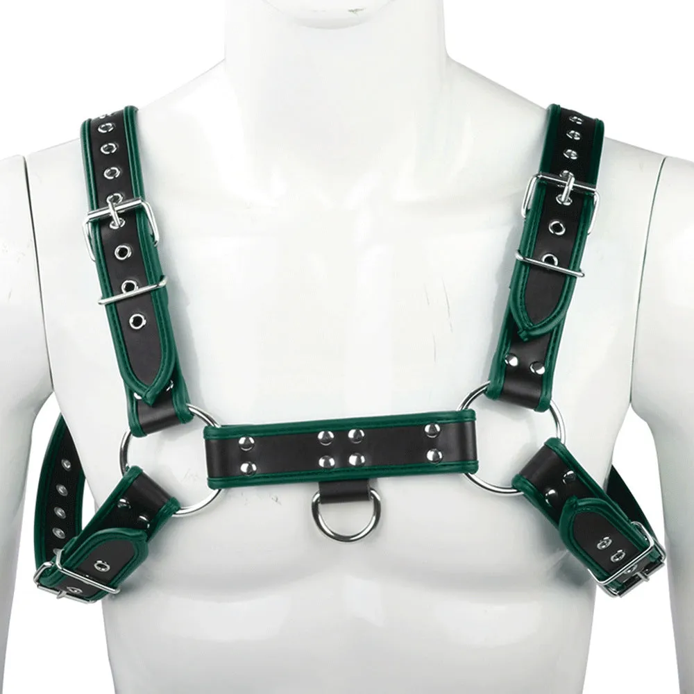 Strap corset toy in black with edge-wrapped PU binding for bondage play.