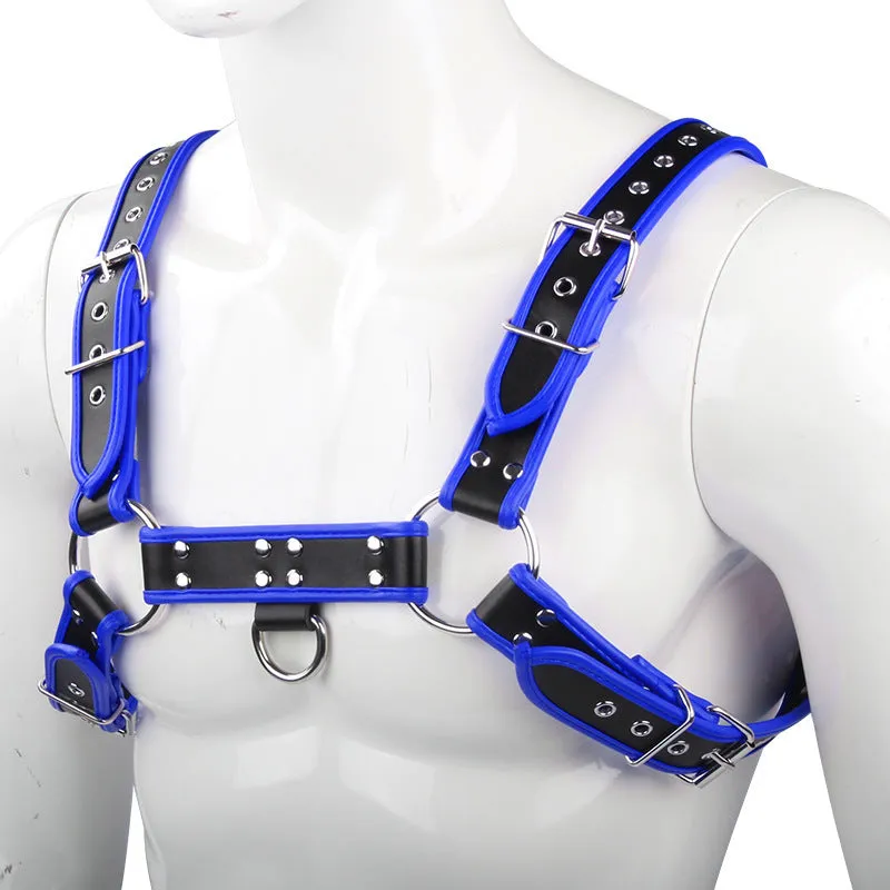 Strap corset toy in black with edge-wrapped PU binding for bondage play.