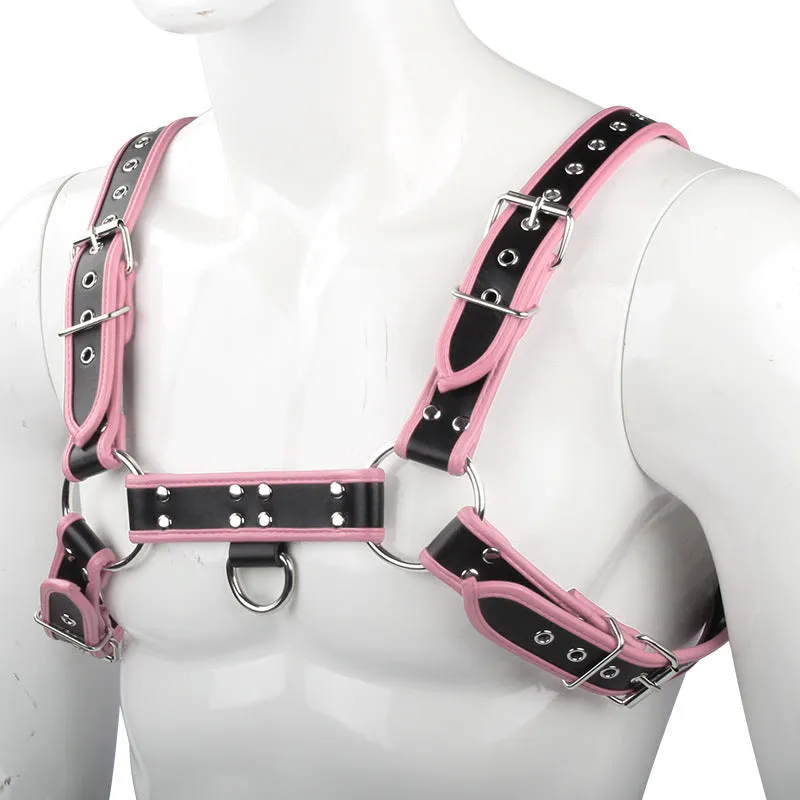 Strap corset toy in black with edge-wrapped PU binding for bondage play.