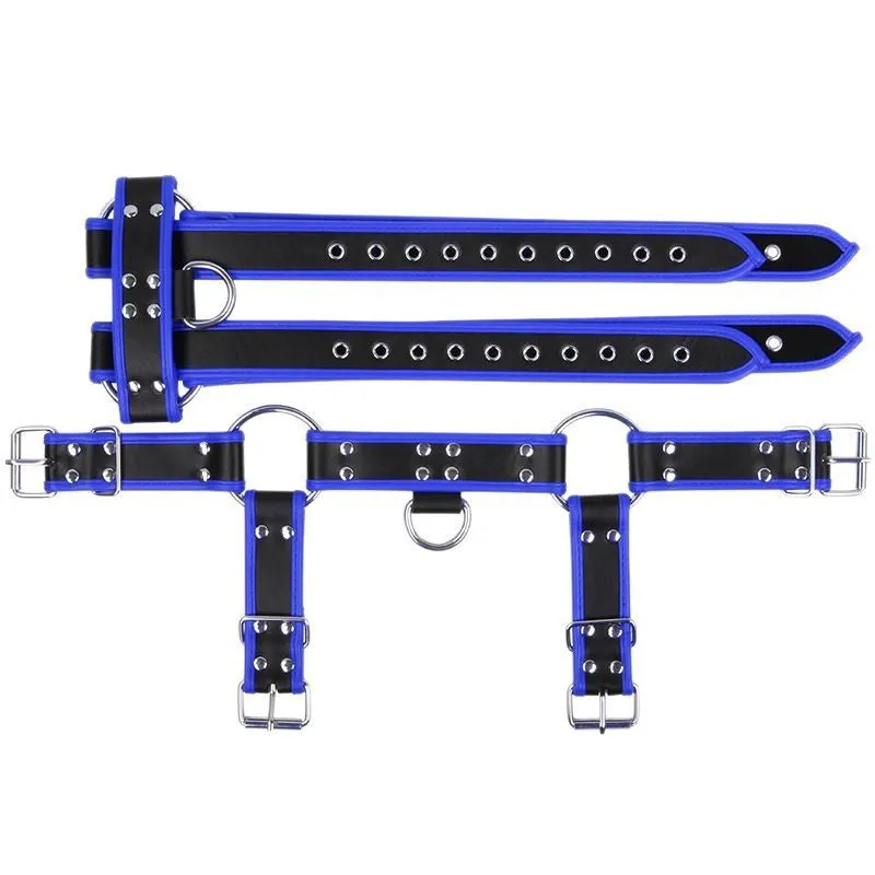 Strap corset toy in black with edge-wrapped PU binding for bondage play.