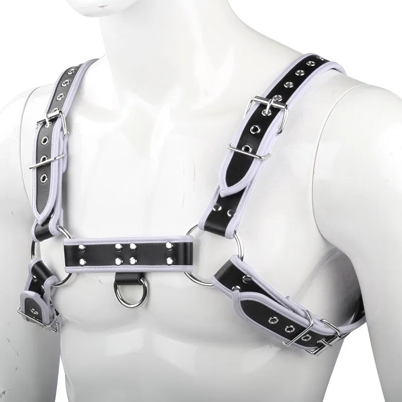 Strap corset toy in black with edge-wrapped PU binding for bondage play.