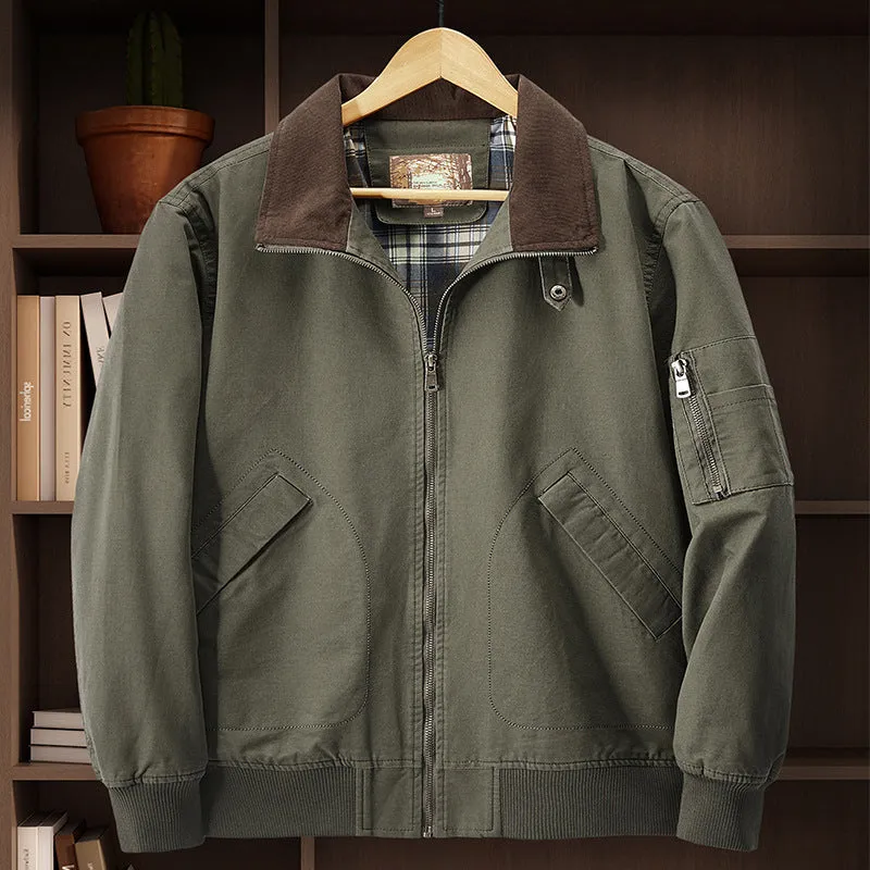 Men's plus size washed cotton baseball flight jacket in army green on a hanger.