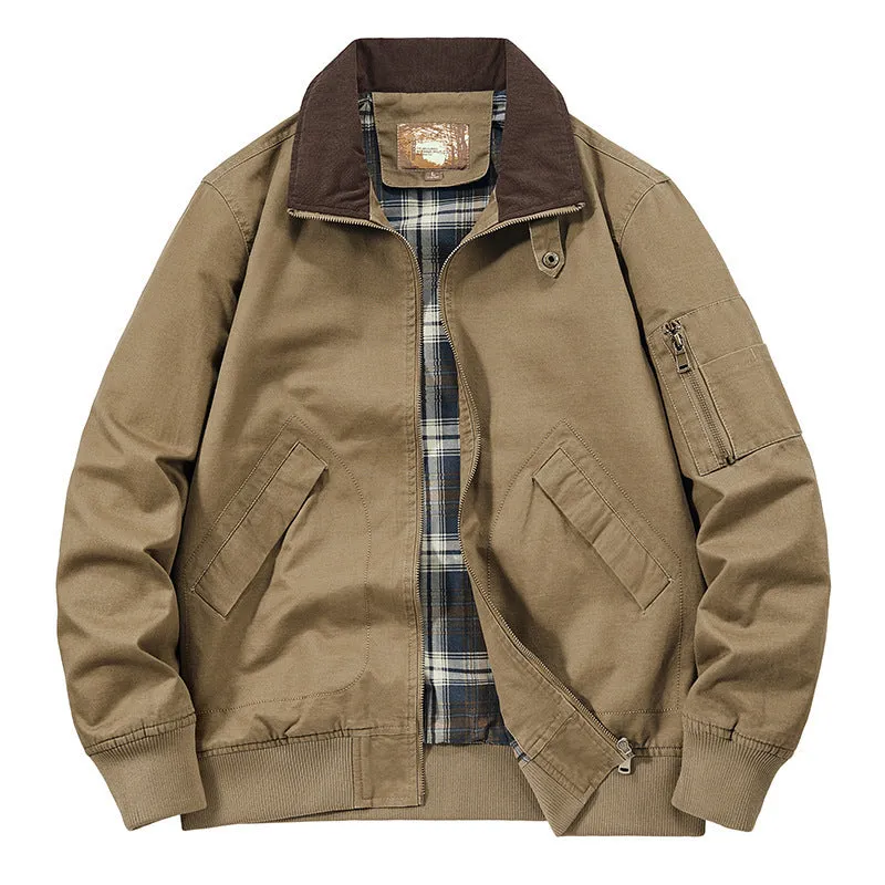 Men's plus size washed cotton baseball flight jacket in army green on a hanger.