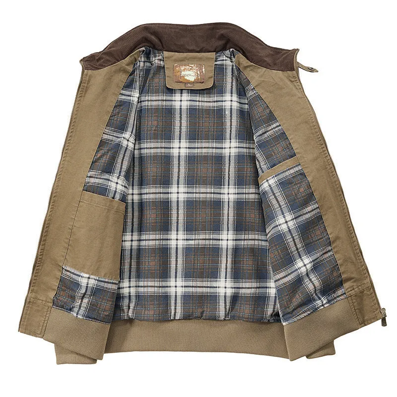Men's plus size washed cotton baseball flight jacket in army green on a hanger.