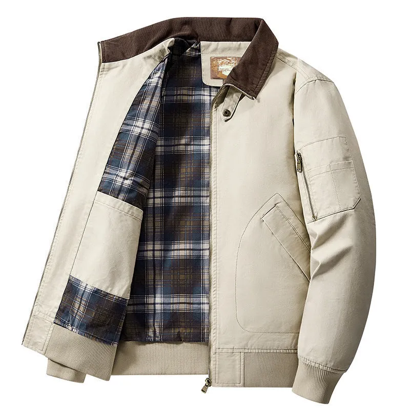 Men's plus size washed cotton baseball flight jacket in army green on a hanger.