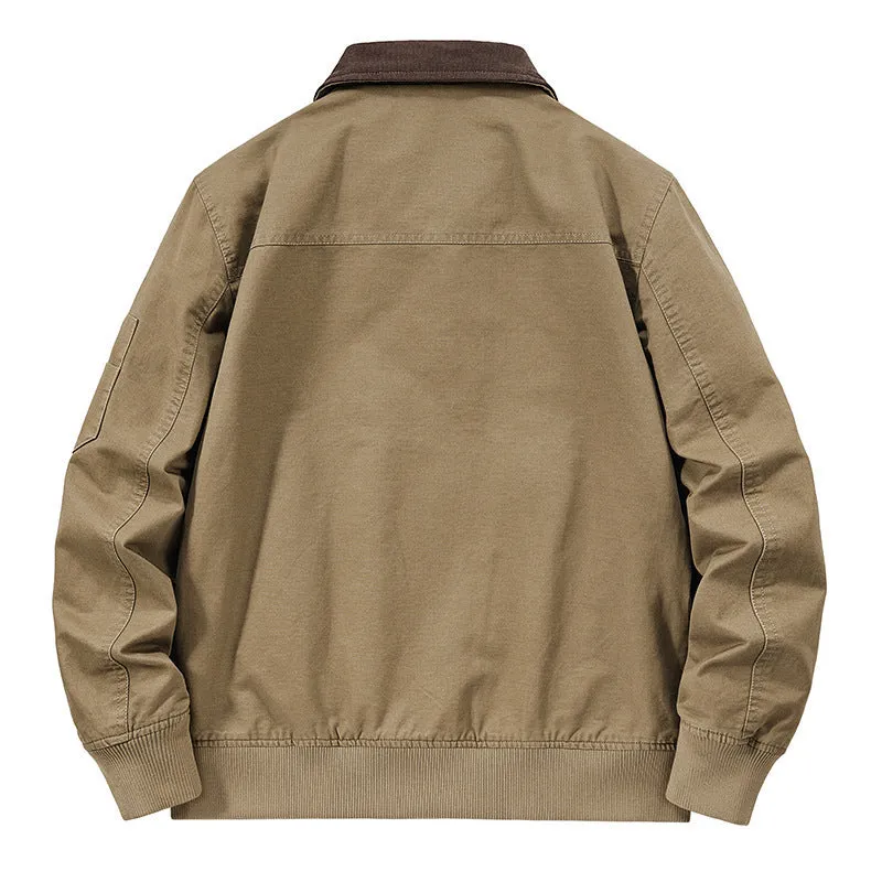 Men's plus size washed cotton baseball flight jacket in army green on a hanger.