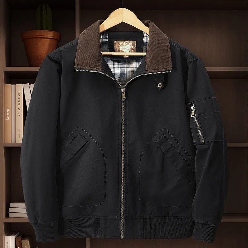 Men's plus size washed cotton baseball flight jacket in army green on a hanger.