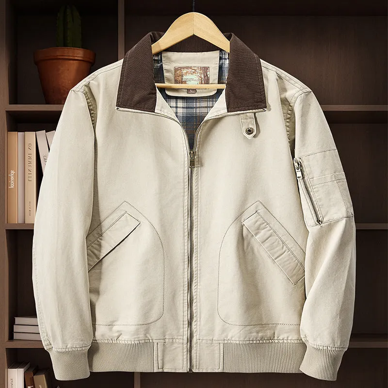 Men's plus size washed cotton baseball flight jacket in army green on a hanger.