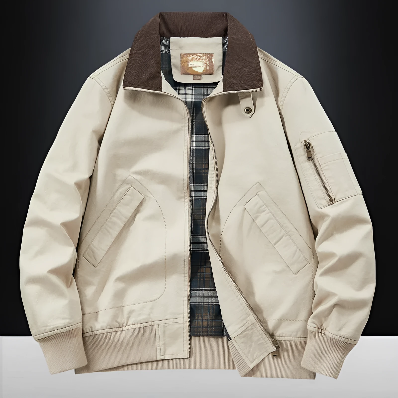 Men's plus size washed cotton baseball flight jacket in army green on a hanger.