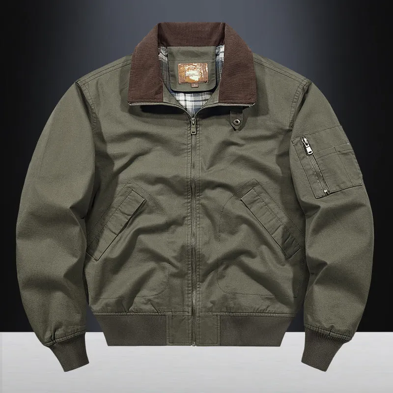 Men's plus size washed cotton baseball flight jacket in army green on a hanger.