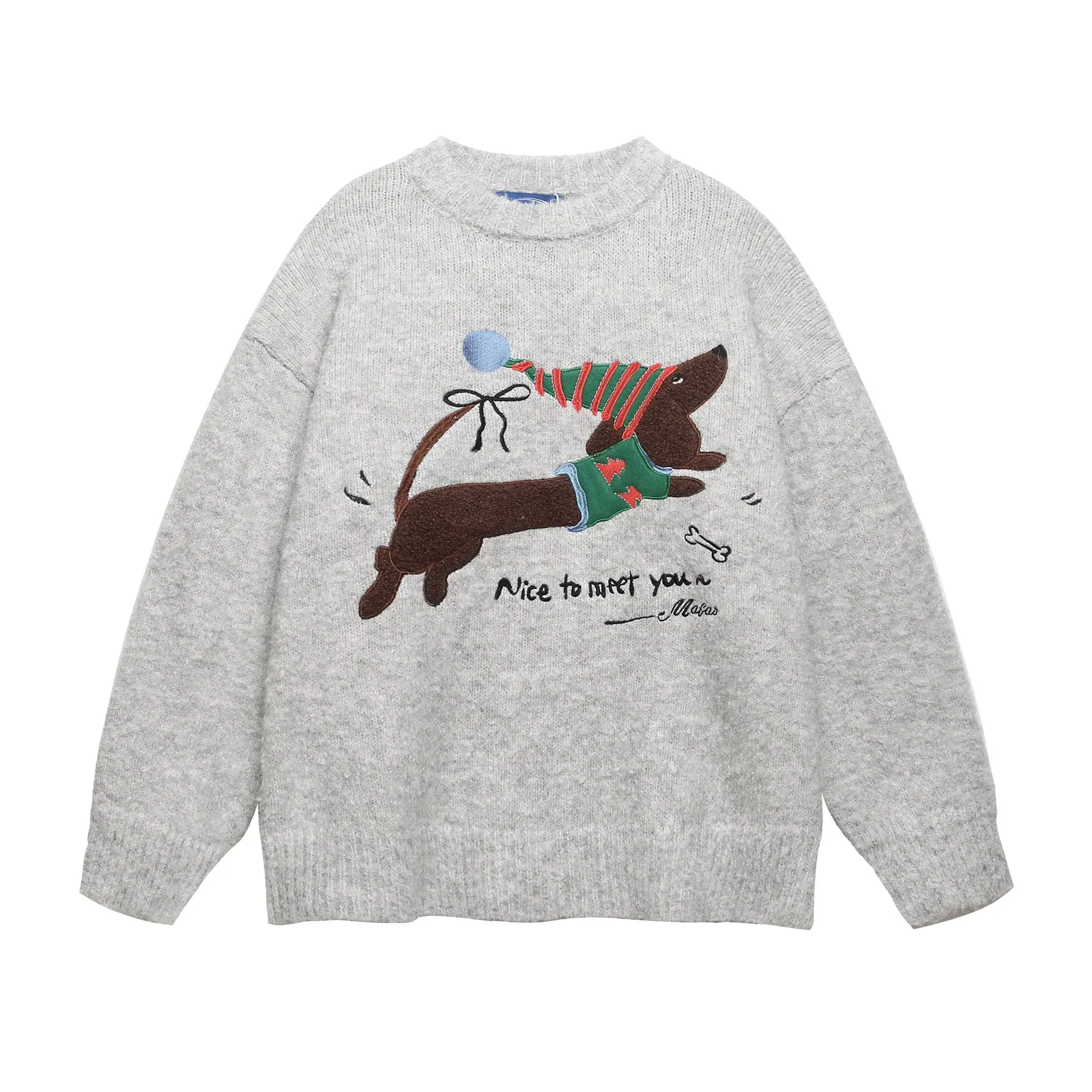 Gray loose-fit pullover sweater with American retro Christmas hat puppy embroidery for teenagers